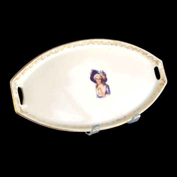 Antique Edwardian German Ilmenau Porcelain Vanity Tray Jlmenau Woman in Hat 7" - Picture 3 of 9